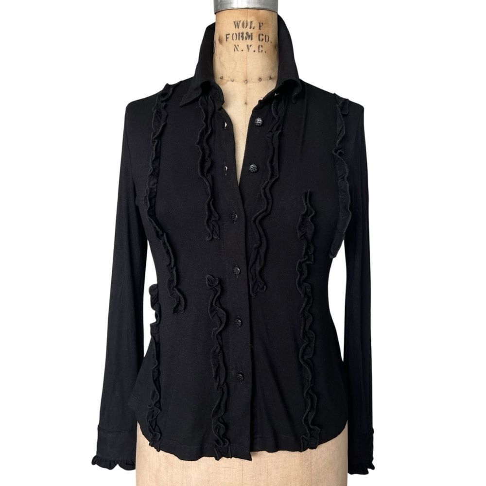 VORREI Black Ruffled Button-Down Top XS
